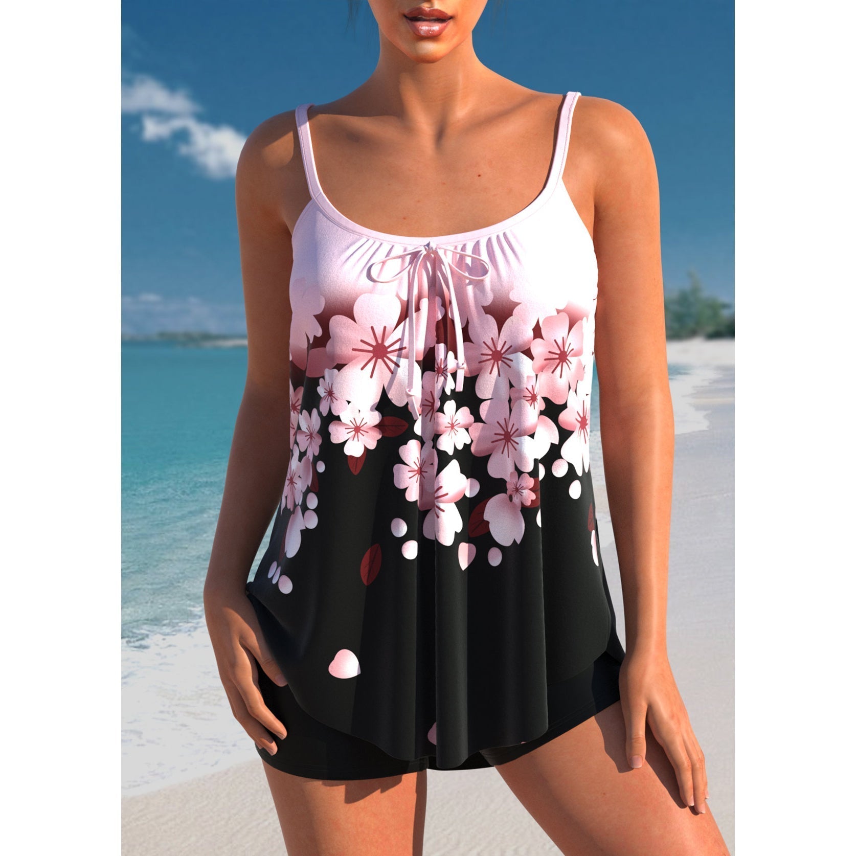 Maillot de Bain Tankini Taille Haute avec Haut Évasé et Short de Natation
