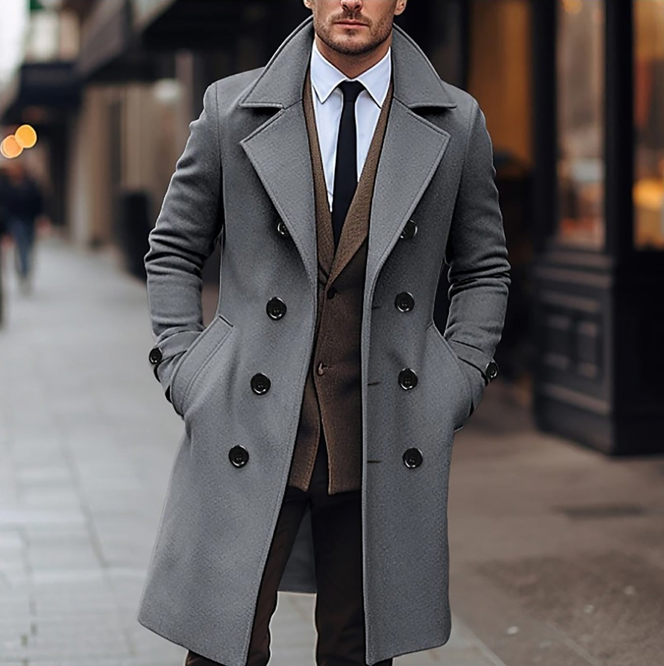 Abrigo largo de hombre en lana, formal y profesional, con botones cruzados y cuello vuelto, estilo urbano.