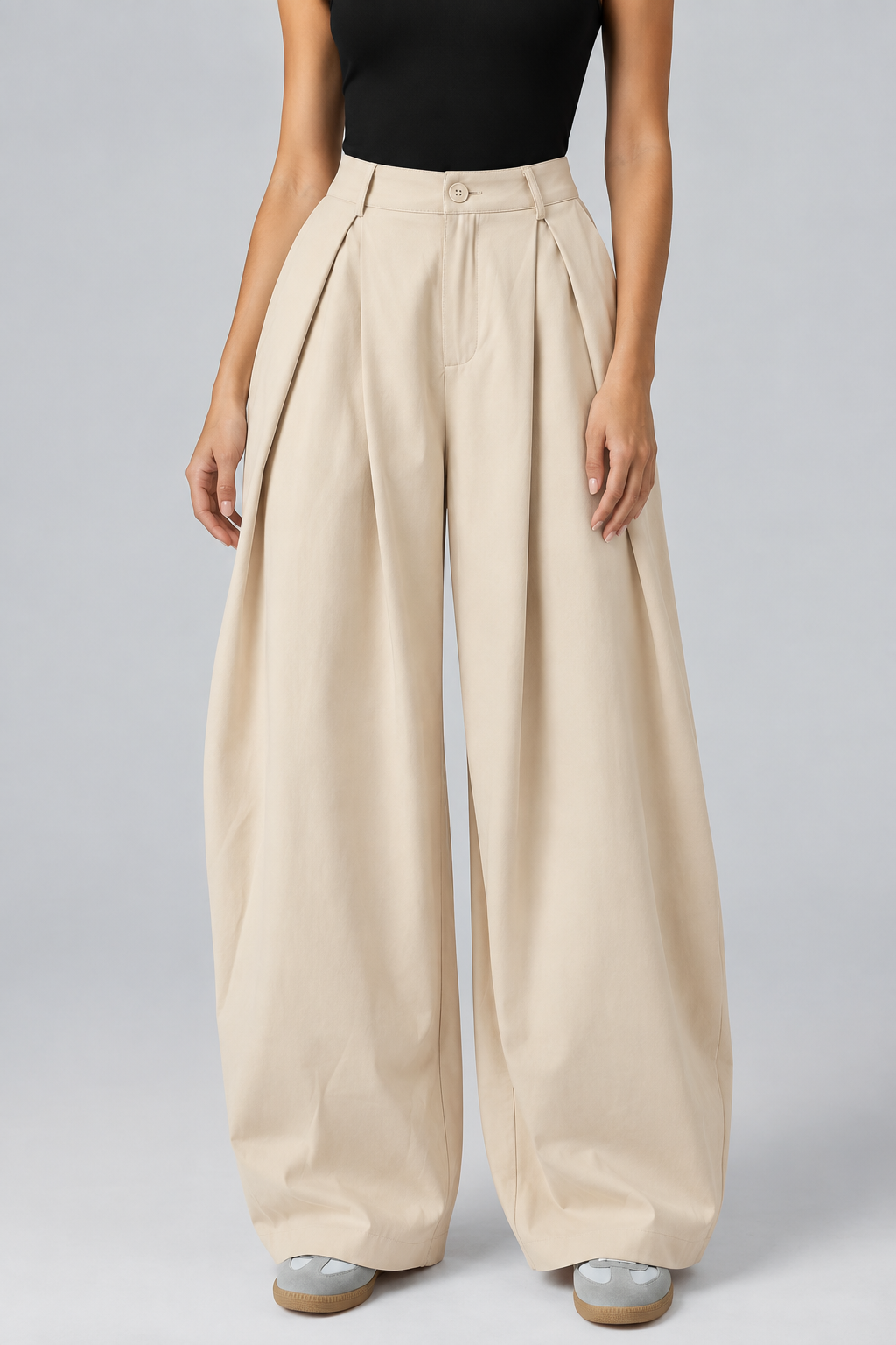 Calça feminina de perna larga, casual e elegante, de cintura alta, plissada e confortável