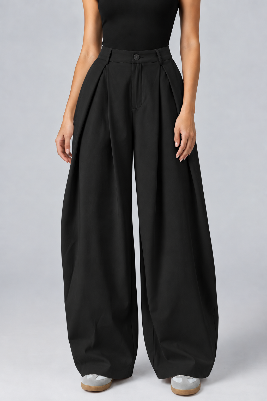 Calça feminina de perna larga, casual e elegante, de cintura alta, plissada e confortável