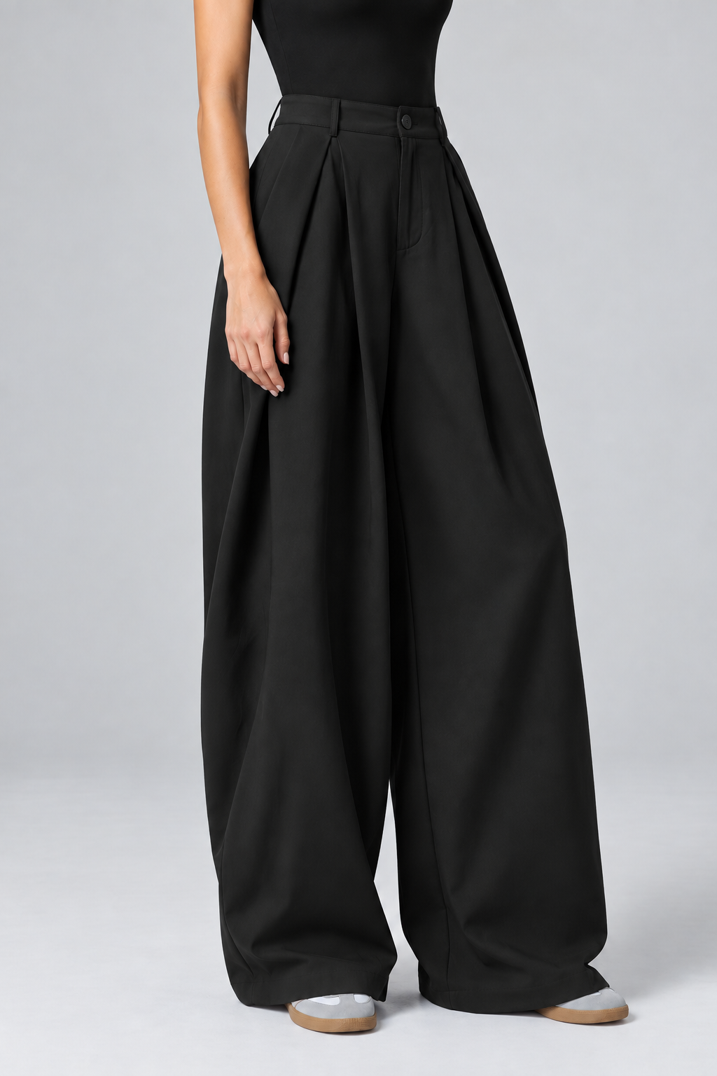 Calça feminina de perna larga, casual e elegante, de cintura alta, plissada e confortável