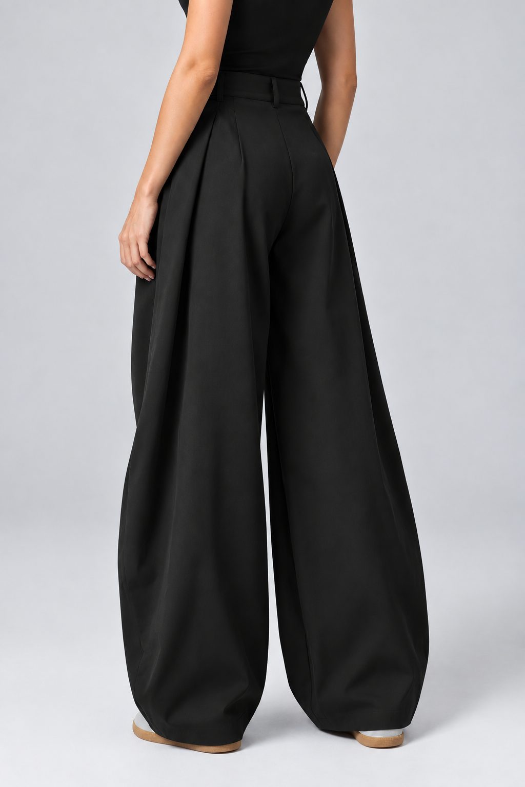 Calça feminina de perna larga, casual e elegante, de cintura alta, plissada e confortável