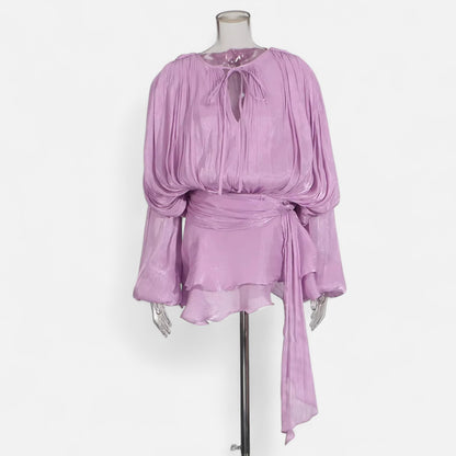 Velclairemode | Robe-Chemise Mini Femme Unie – Col V, Manches Longues, Détail Lacé & Design Structuré