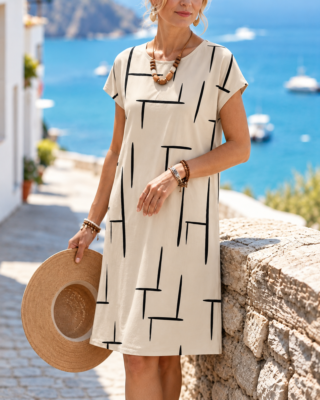 Robe droite pour femme - motif géométrique abstrait à manches courtes | plage