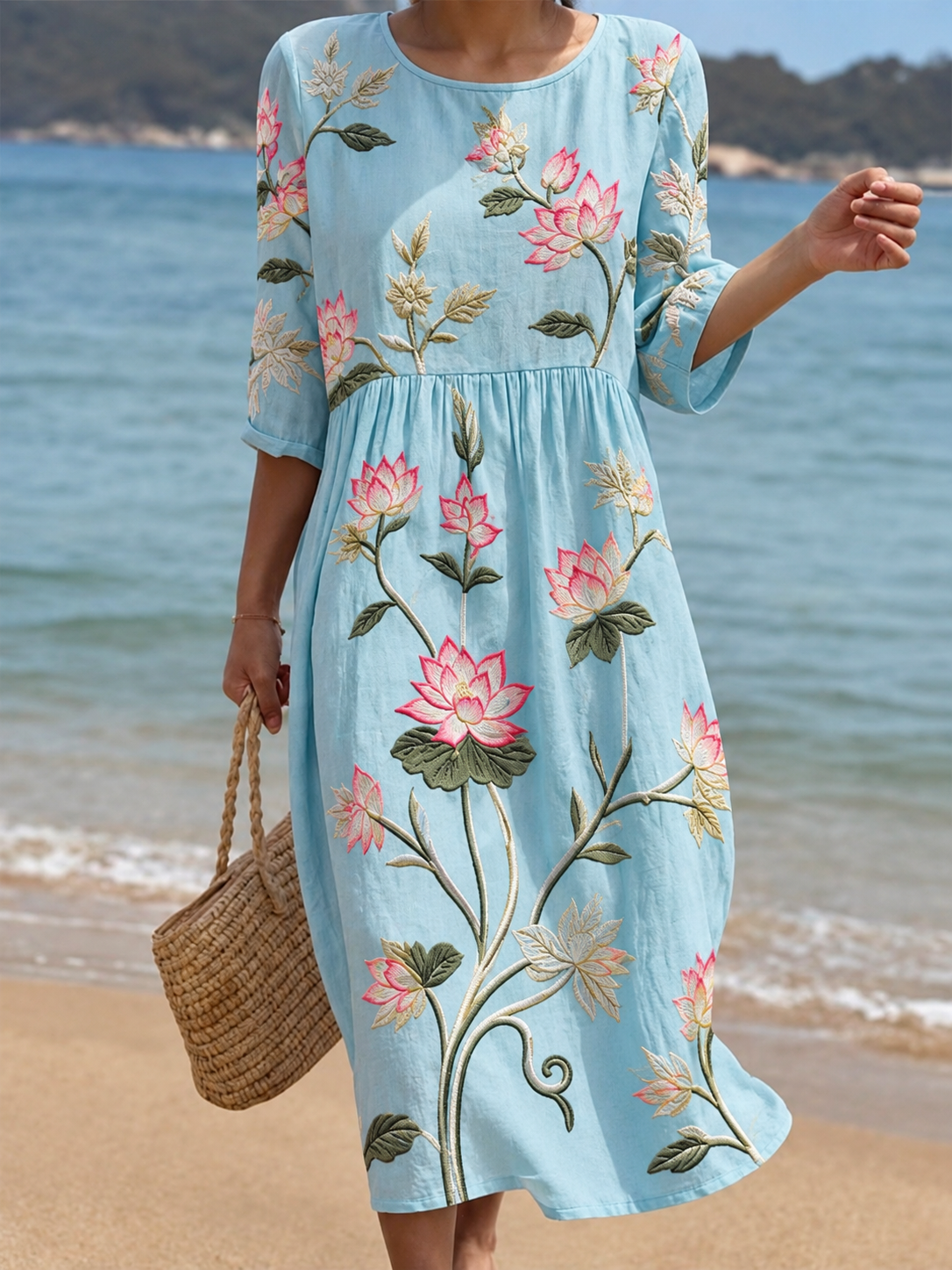 Robe midi femme broderie florale col rond