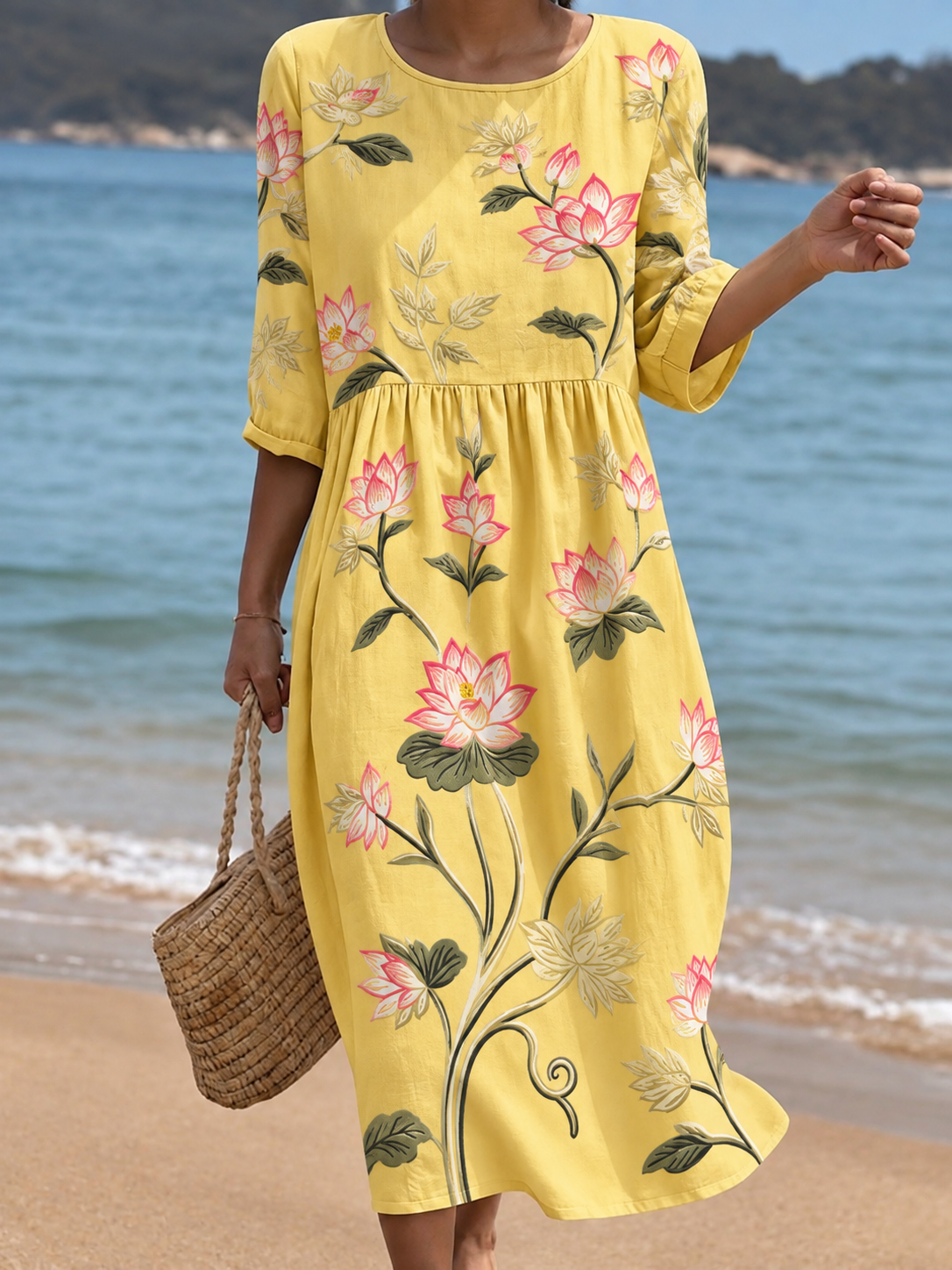 Robe midi femme broderie florale col rond