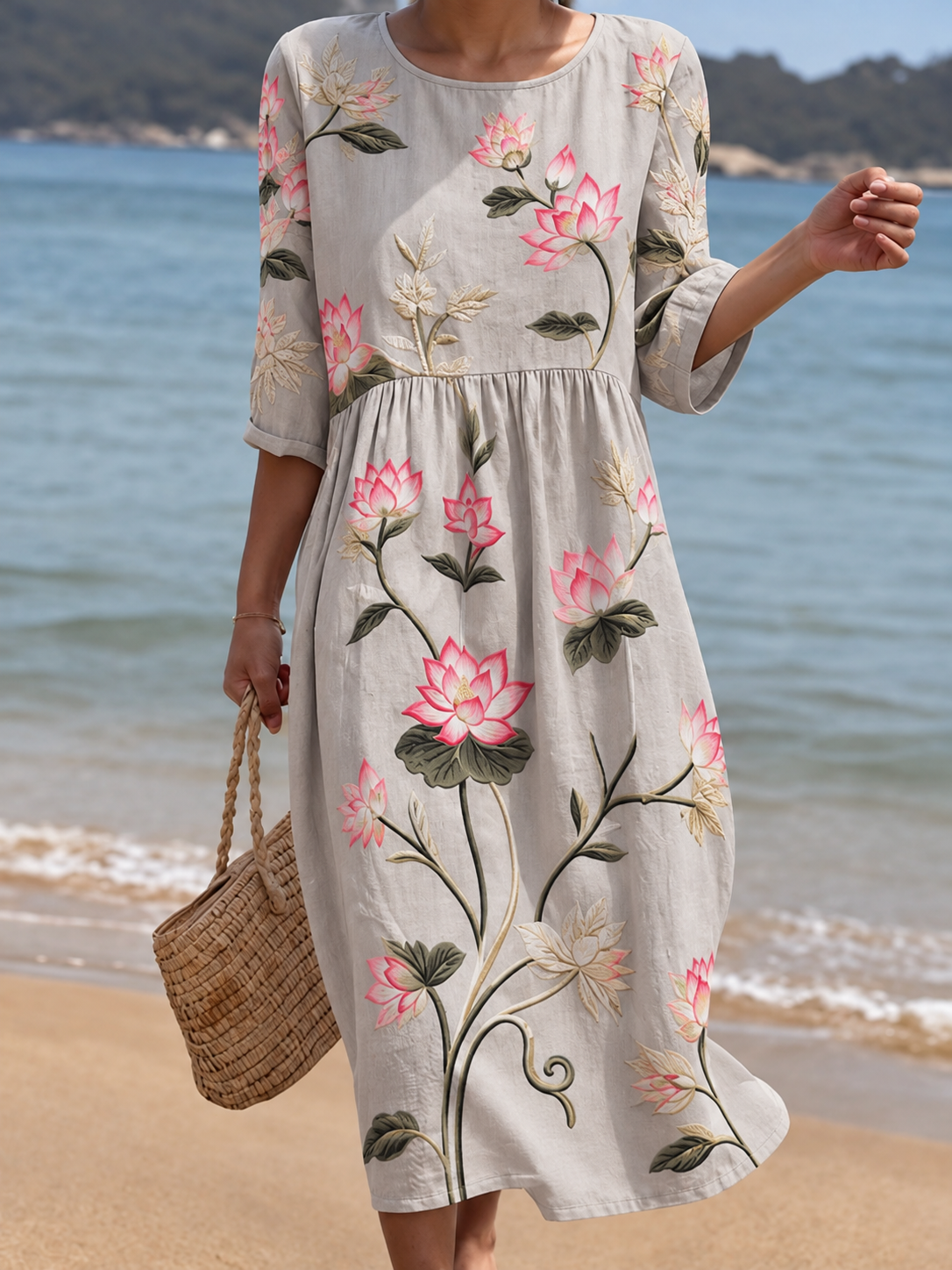 Robe midi femme broderie florale col rond