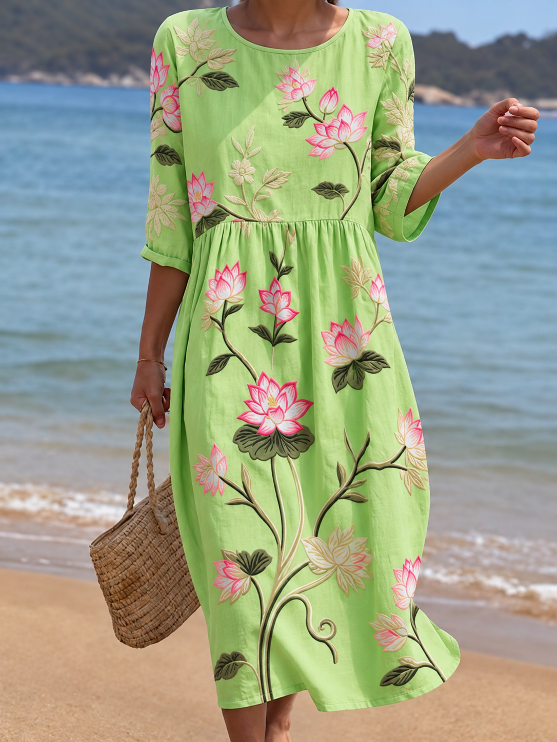 Robe midi femme broderie florale col rond