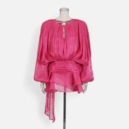 Velclairemode | Robe-Chemise Mini Femme Unie – Col V, Manches Longues, Détail Lacé & Design Structuré