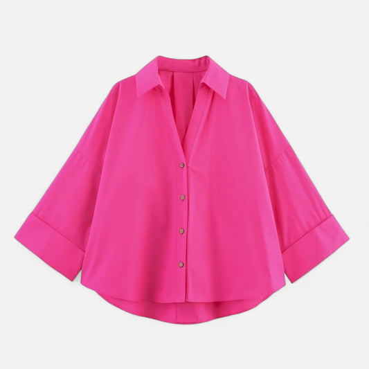 Velclairemode | Chemise Oversize Femme à Col V – Boutonnée & Manches Retroussées, Élégance Décontractée