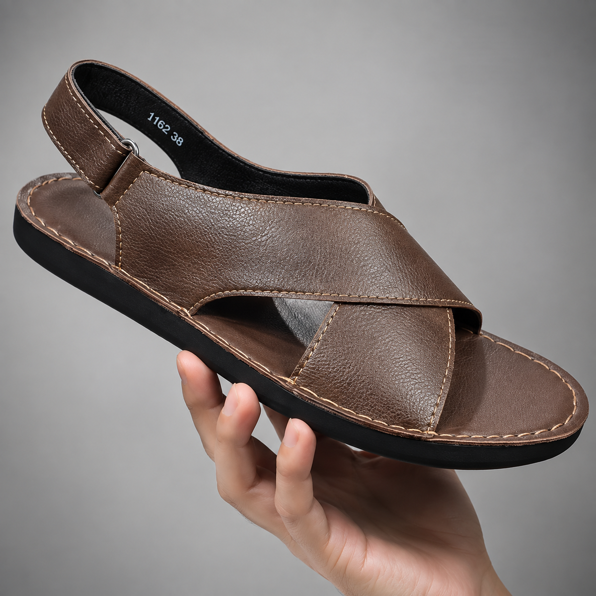 Sandálias masculinas de caminhada em couro com fechamento de velcro