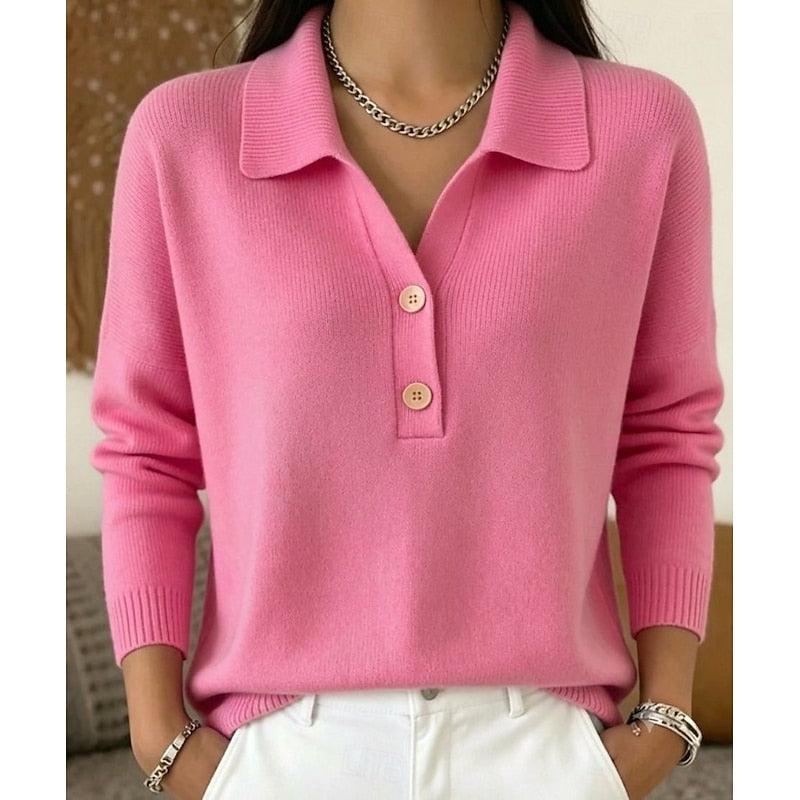Suéter feminino com gola de camisa, para o dia a dia, abotoado, mangas longas, corte ajustado e tecido macio
