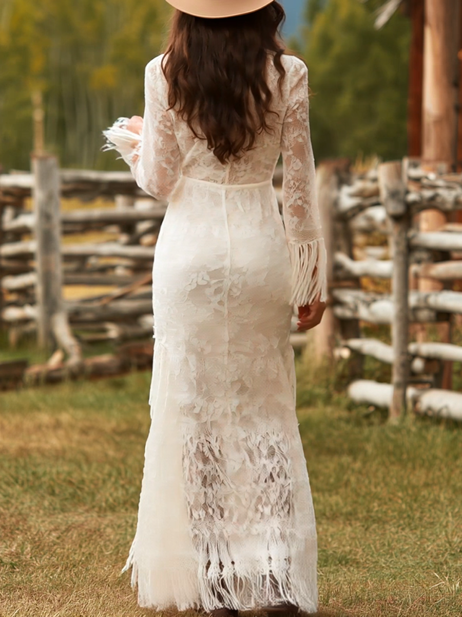 Robe Longue de Mariée Bohème avec Dentelle et Finitions à Franges pour Femme