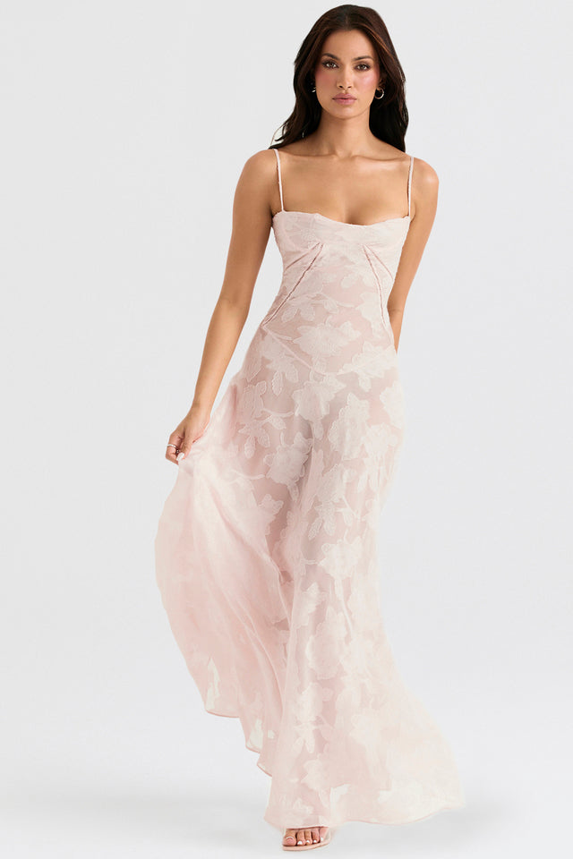 Robe Formelle Longue à Motif Floral Brodé et Silhouette Fluide sans Bretelles