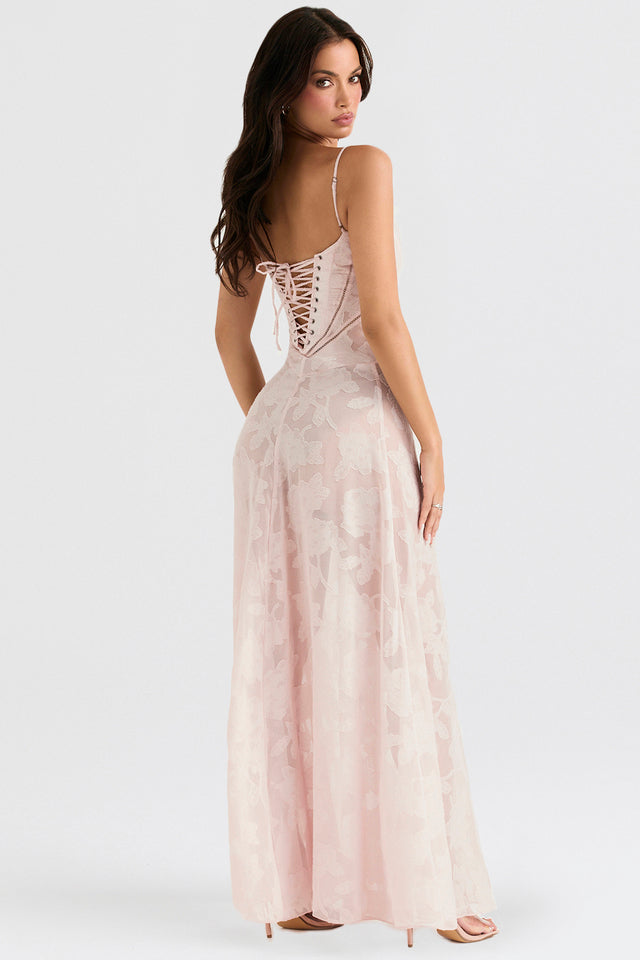 Robe Formelle Longue à Motif Floral Brodé et Silhouette Fluide sans Bretelles