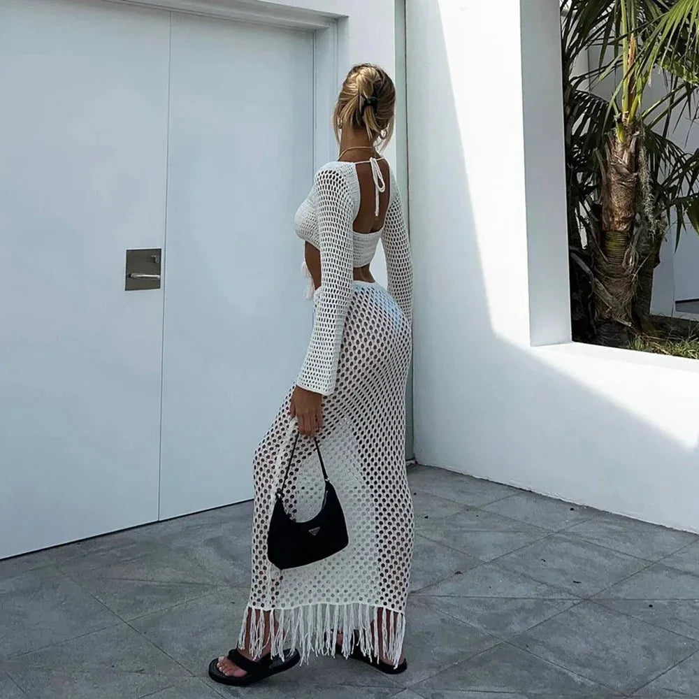 Paréo Ensemble Jupe et Top Manches Longues en Crochet et Beach Cover Up