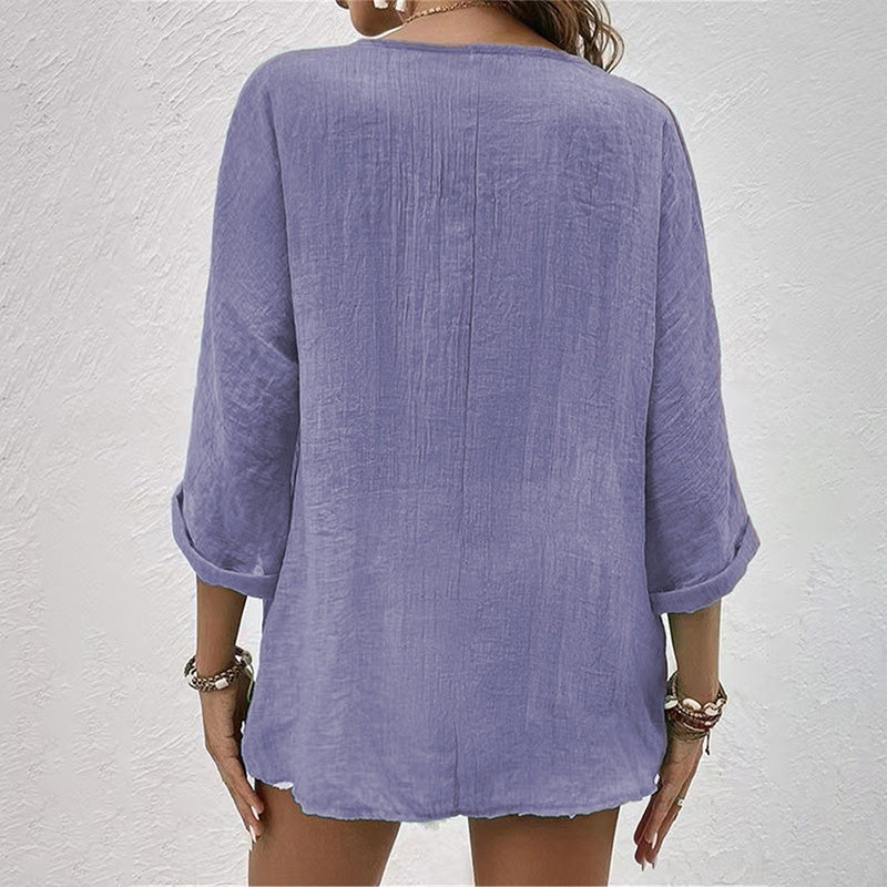 Blusa in Cotone con Scollo a V e Maniche Lunghe con Bottoni da Donna Taglio Ampio