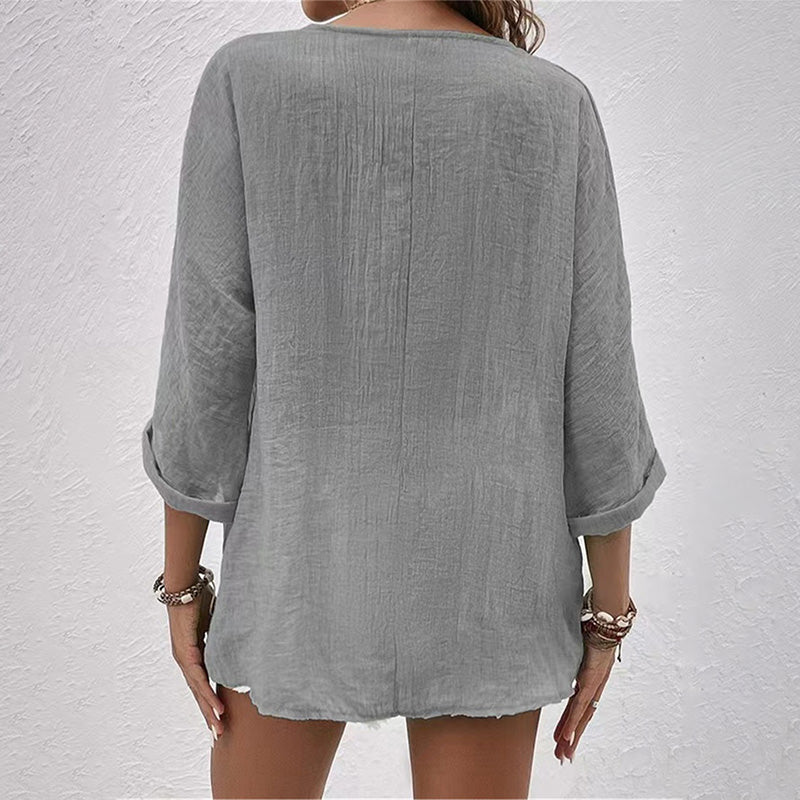 Blusa in Cotone con Scollo a V e Maniche Lunghe con Bottoni da Donna Taglio Ampio