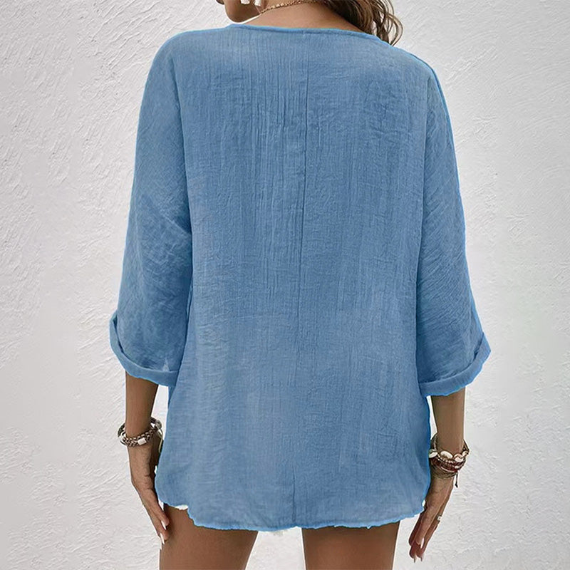 Blusa in Cotone con Scollo a V e Maniche Lunghe con Bottoni da Donna Taglio Ampio