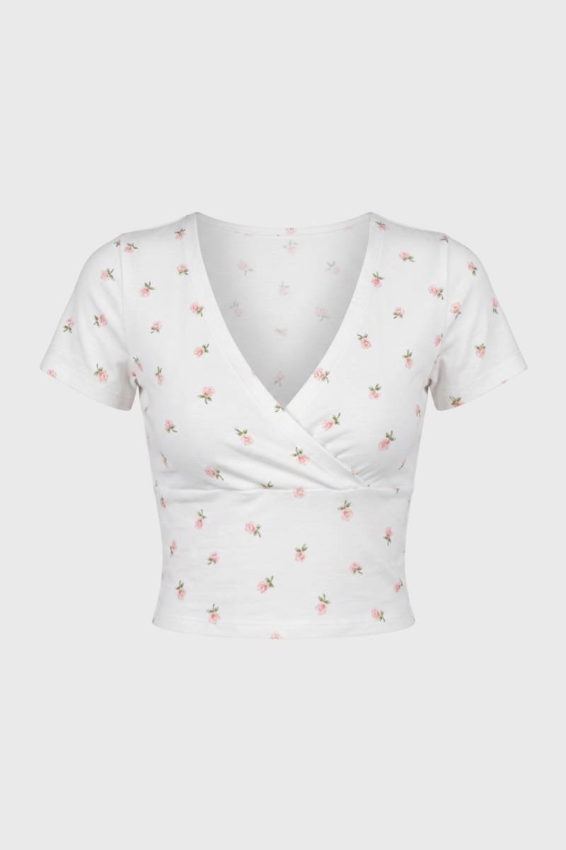Top cropped cache-cœur feminino com mangas curtas e decote em V — para o dia a dia