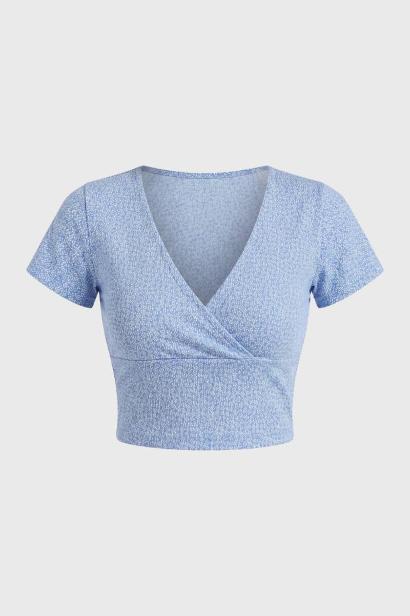 Top cropped cache-cœur feminino com mangas curtas e decote em V — para o dia a dia