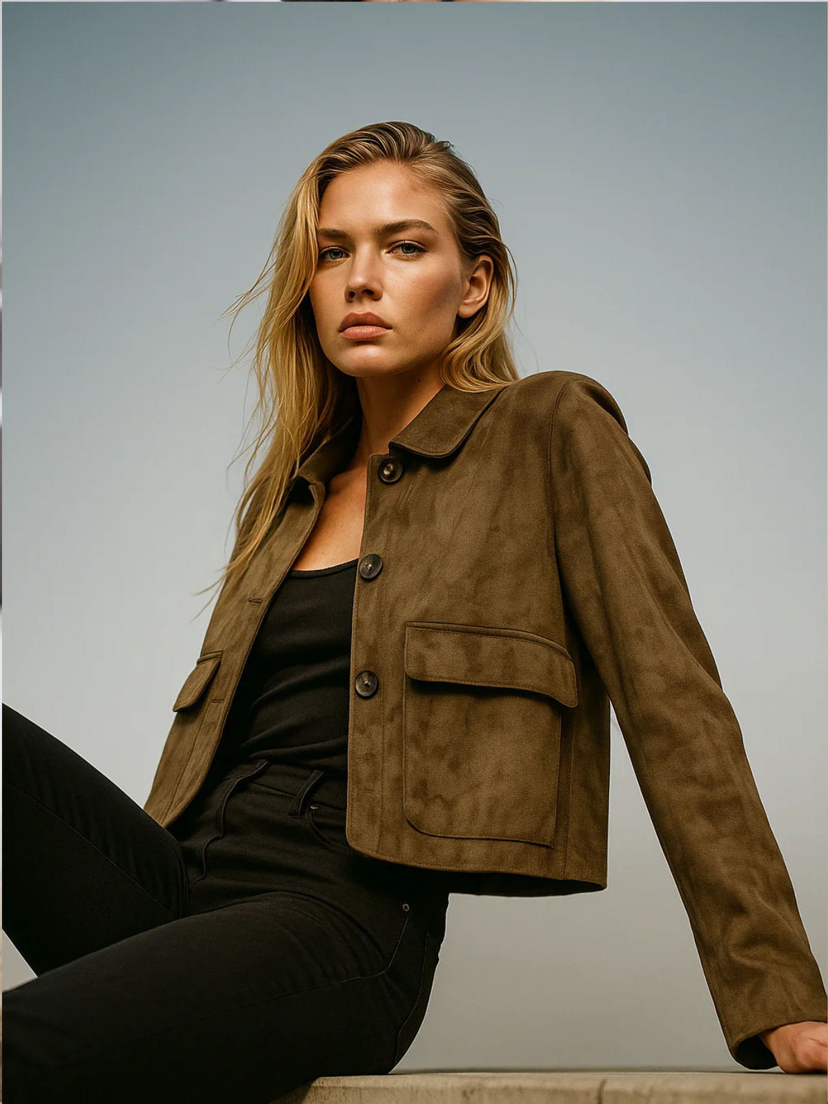 Women's cropped jacket with lapels, single button closure, and chest pockets
