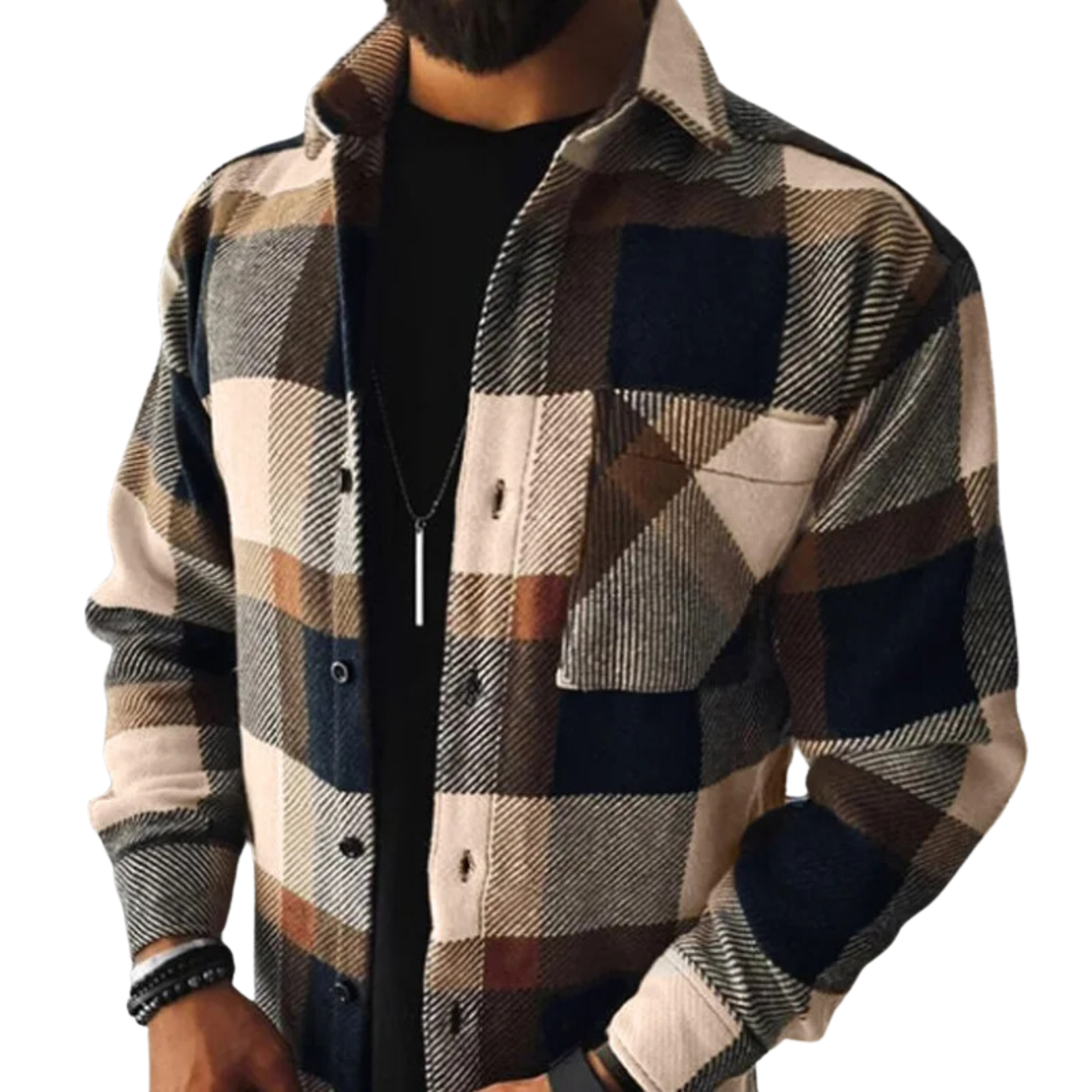 Hverdagsoverhemd til mænd i afslappet stil, flannel og uld, ternet, med button-down-krave og foer