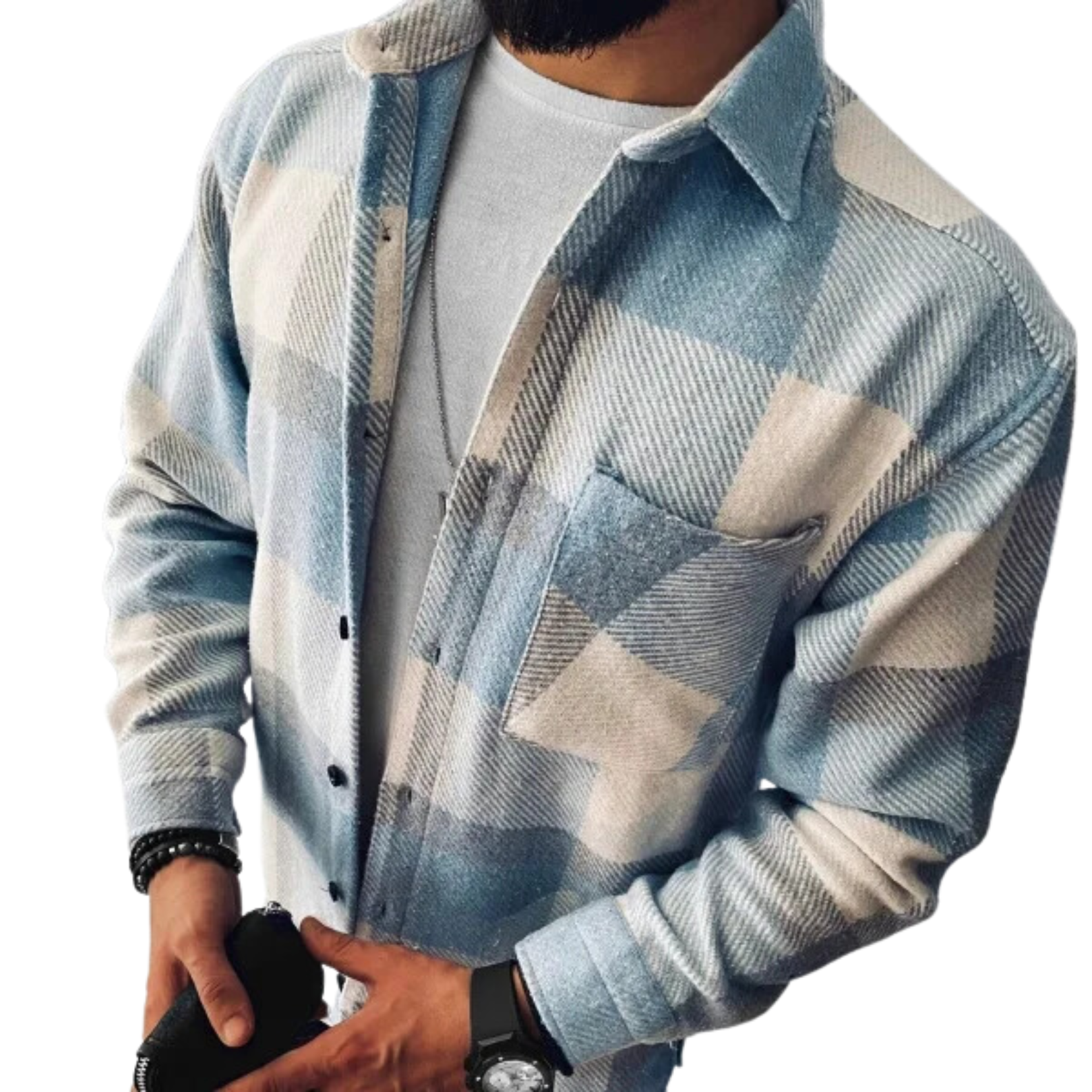 Hverdagsoverhemd til mænd i afslappet stil, flannel og uld, ternet, med button-down-krave og foer