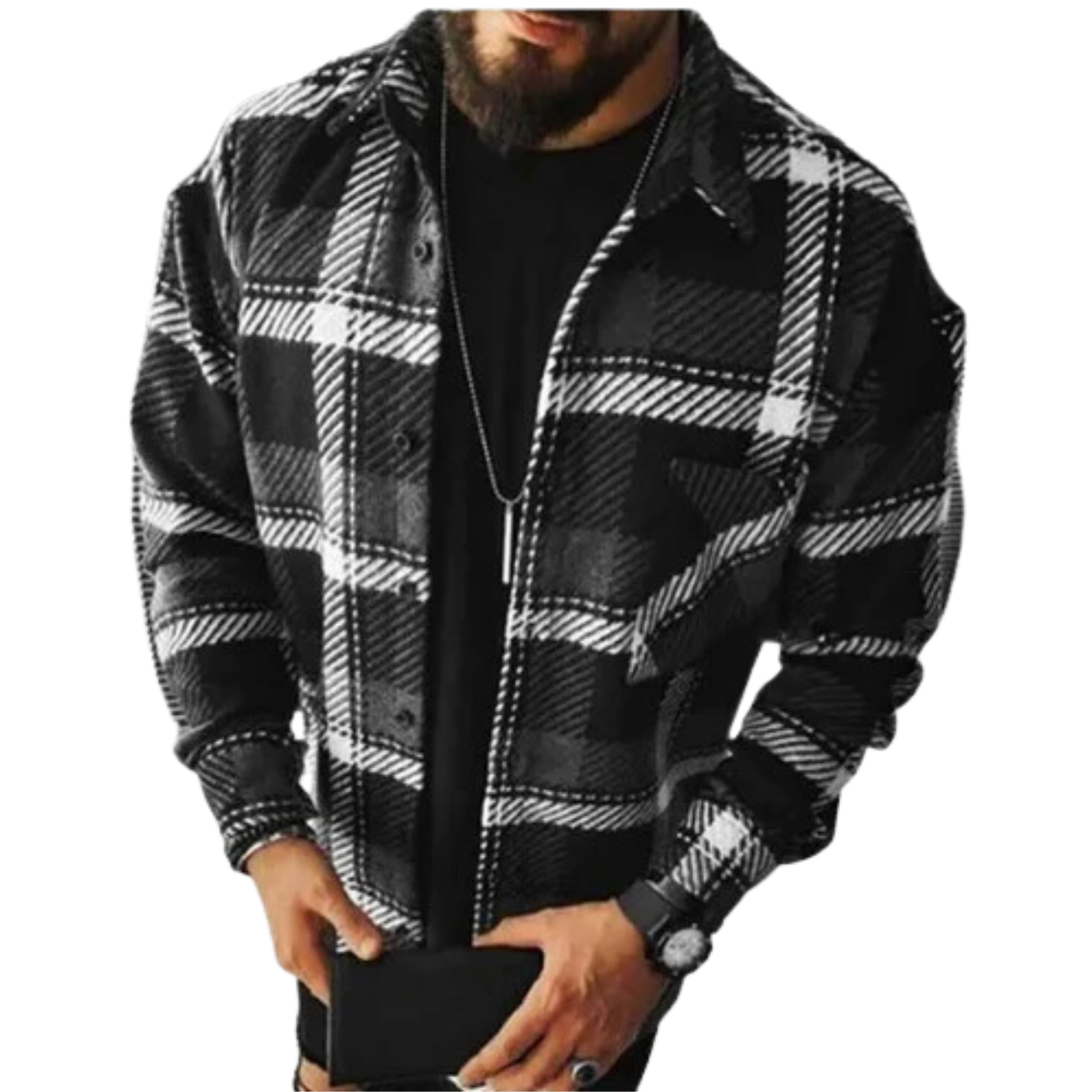 Hverdagsoverhemd til mænd i afslappet stil, flannel og uld, ternet, med button-down-krave og foer