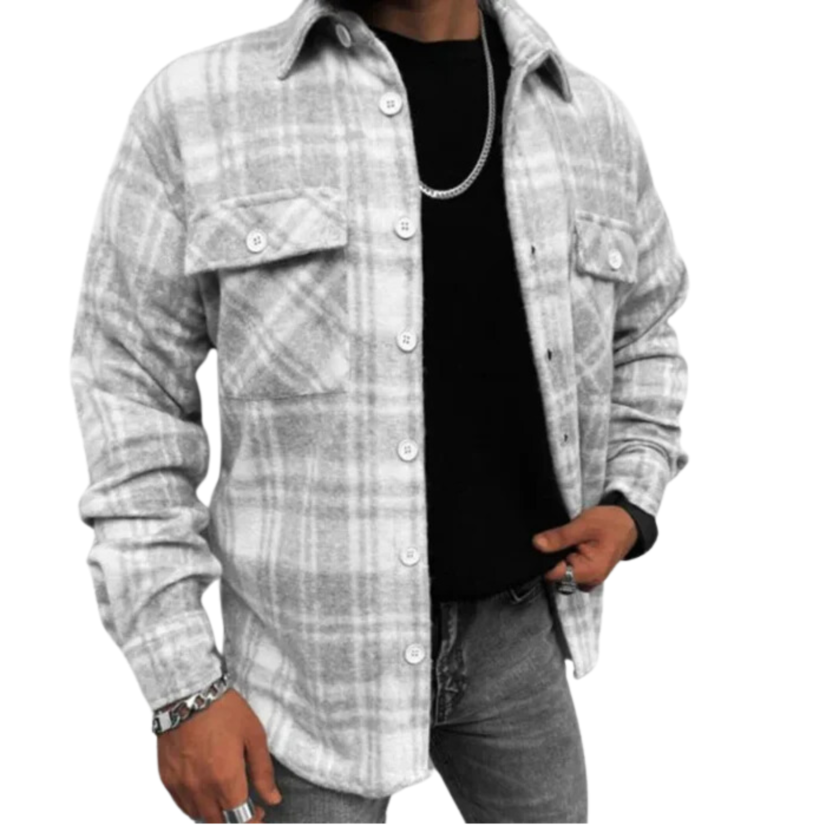 Hverdagsoverhemd til mænd i afslappet stil, flannel og uld, ternet, med button-down-krave og foer