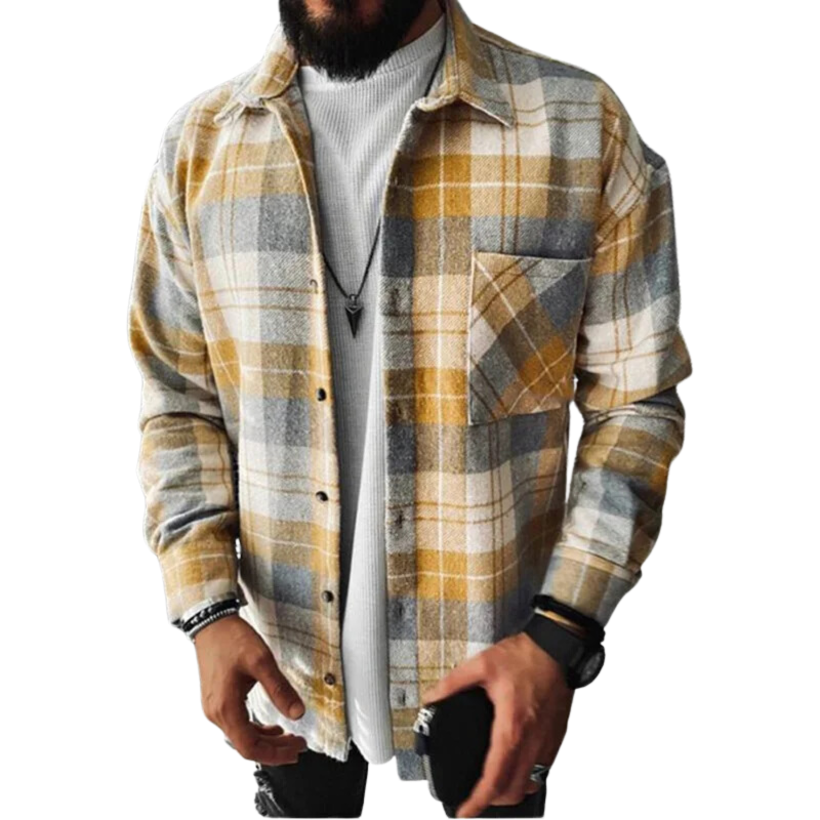 Hverdagsoverhemd til mænd i afslappet stil, flannel og uld, ternet, med button-down-krave og foer