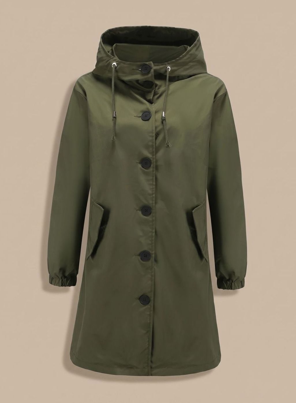 Lang trenchcoat til kvinder med hætte, vandafvisende, knappet og med lommer, til hverdag og udendørs brug