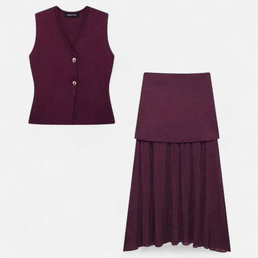 Velclairemode | Ensemble Femme Maille Fine – Débardeur Col V Sans Manches & Jupe Ajustée, Élégance Sculptée