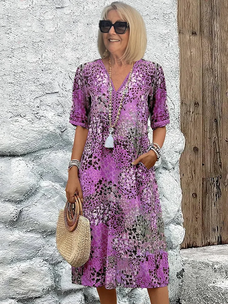 Robe midi estampado feminino — corte trapézio e decote em V — férias