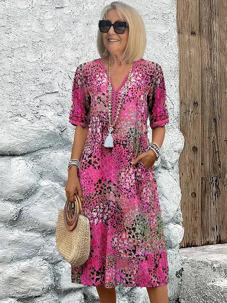 Robe midi estampado feminino — corte trapézio e decote em V — férias