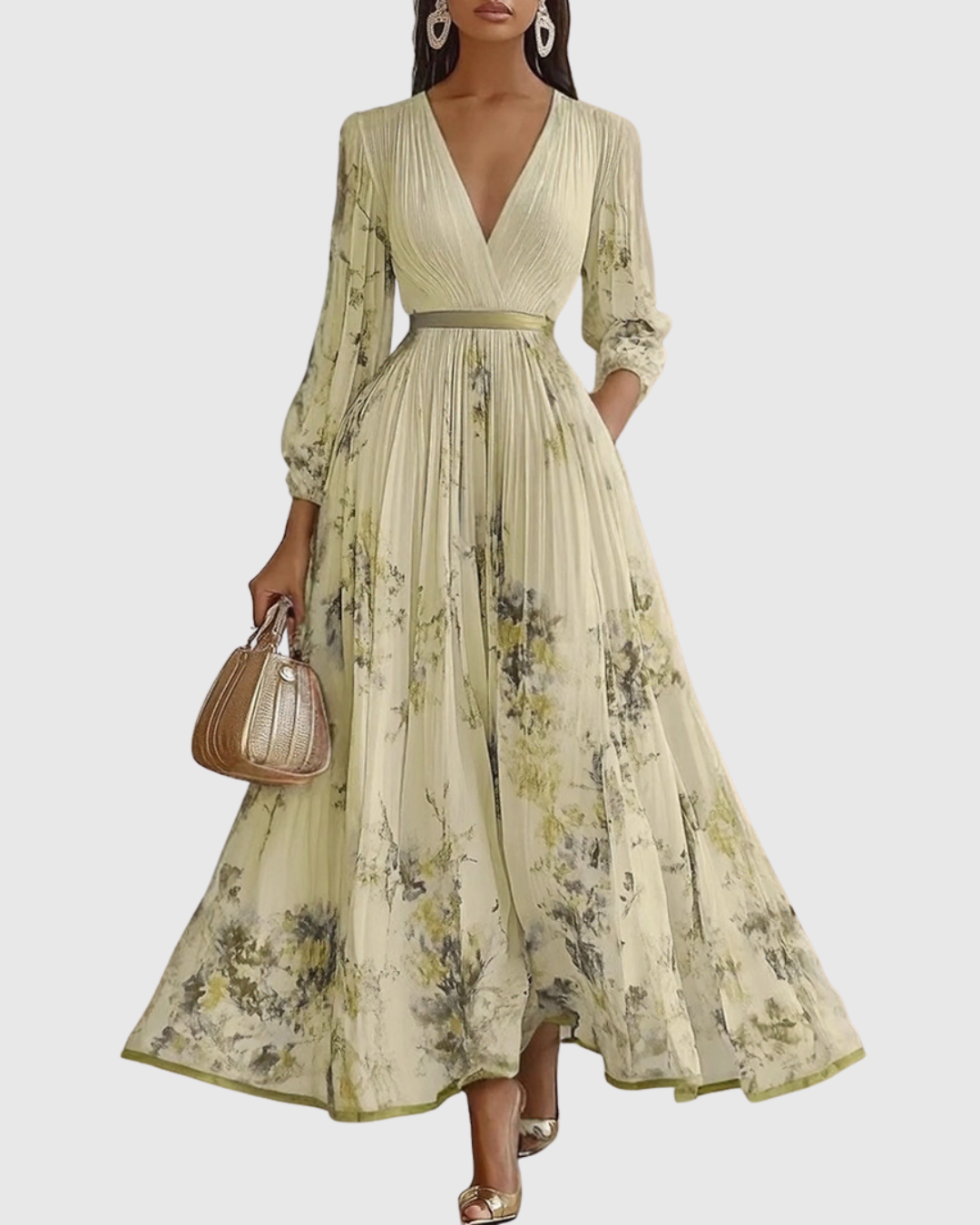 Robe midi trapézio feminino — sem mangas e saia plissada — cerimônia