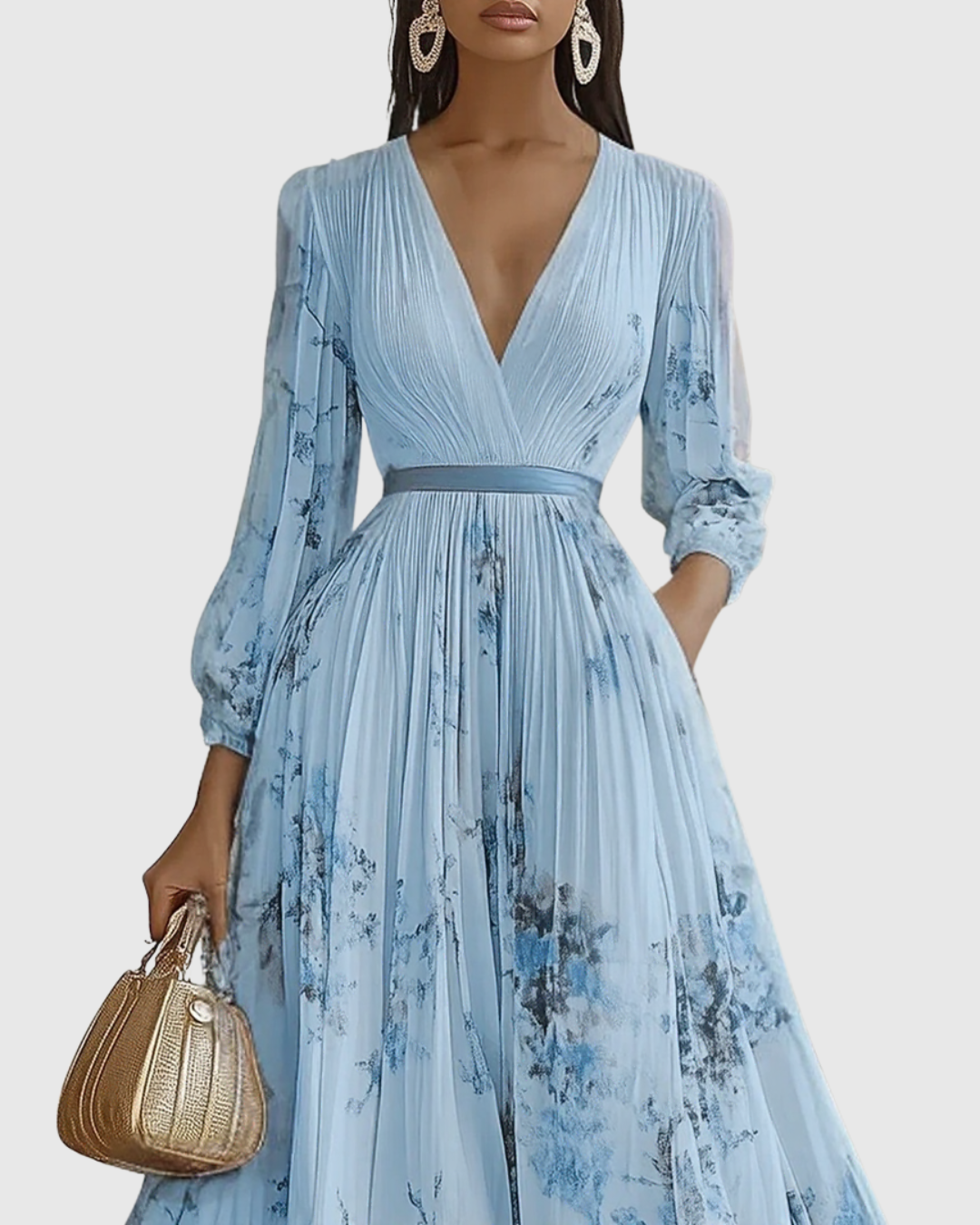 Robe midi trapézio feminino — sem mangas e saia plissada — cerimônia