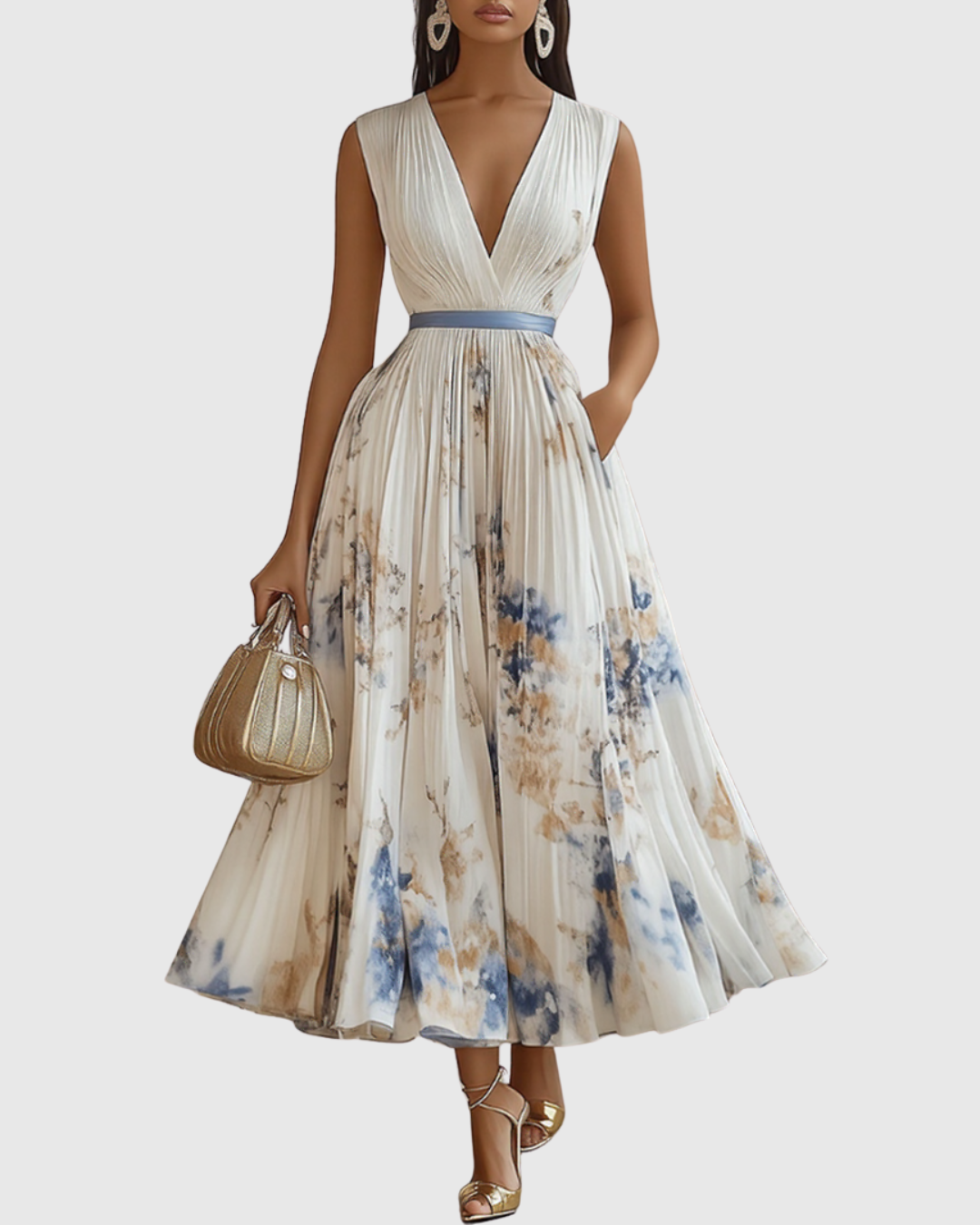 Robe midi trapézio feminino — sem mangas e saia plissada — cerimônia
