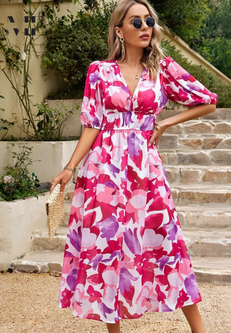 Robe mídi para mulher - corte trapézio com decote em V e estampa vegetal - férias