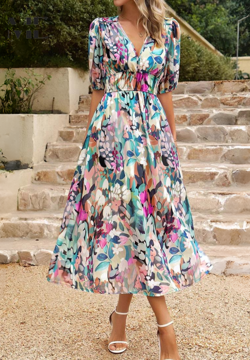 Robe mídi para mulher - corte trapézio com decote em V e estampa vegetal - férias