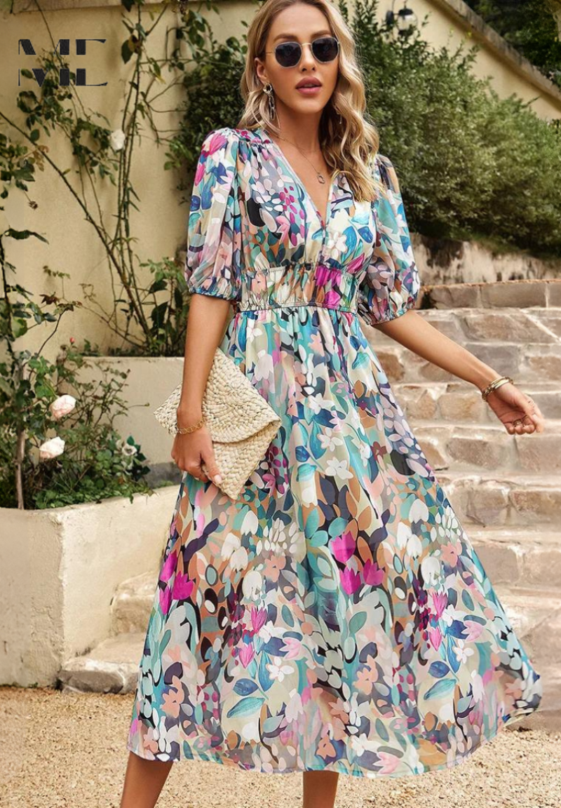 Robe mídi para mulher - corte trapézio com decote em V e estampa vegetal - férias