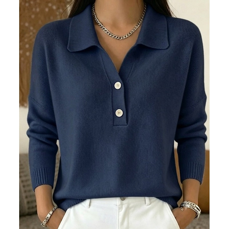 Suéter feminino com gola de camisa, para o dia a dia, abotoado, mangas longas, corte ajustado e tecido macio